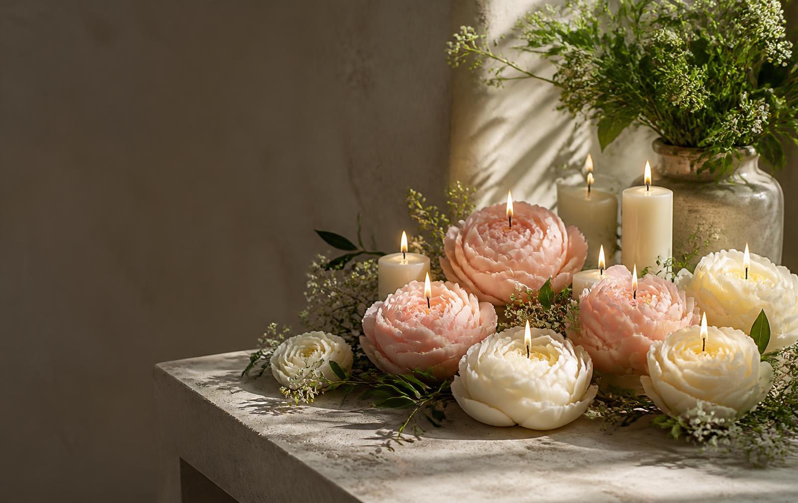 Blush and ivory flower candles glowing in a botanical arrangement
