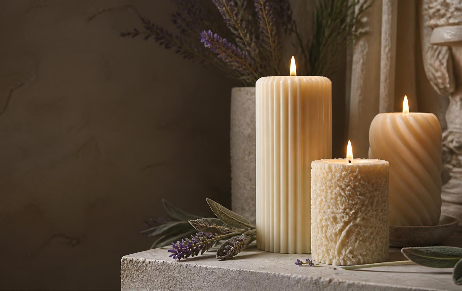 Sculptural ivory candles glowing beside lavender and sage